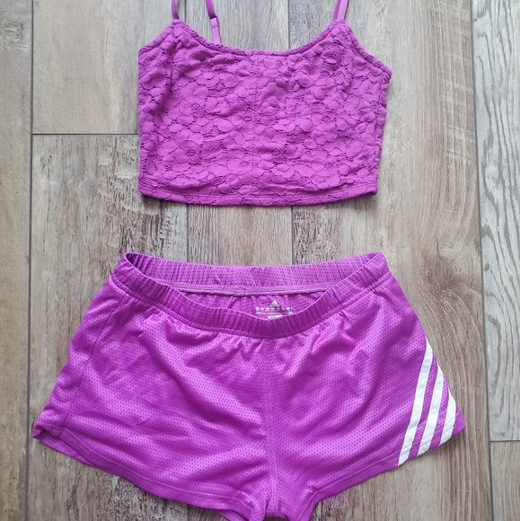 adidas Pants - Adidas two 2 pieces set, shorts and crop top, fuschia pink purple